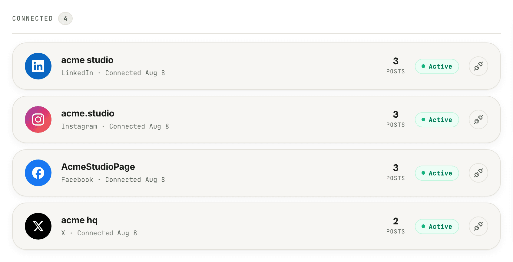 Four connected accounts in a Postpane workspace — LinkedIn, Instagram, Facebook and X — each showing how many posts it has taken and whether it is active.