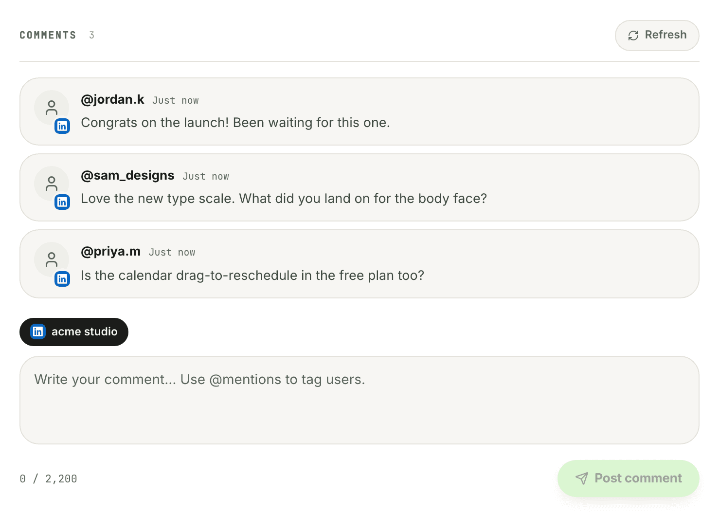 The comments panel on a published Postpane post: three audience replies, each tagged with the account it arrived on, above a box for writing a reply.