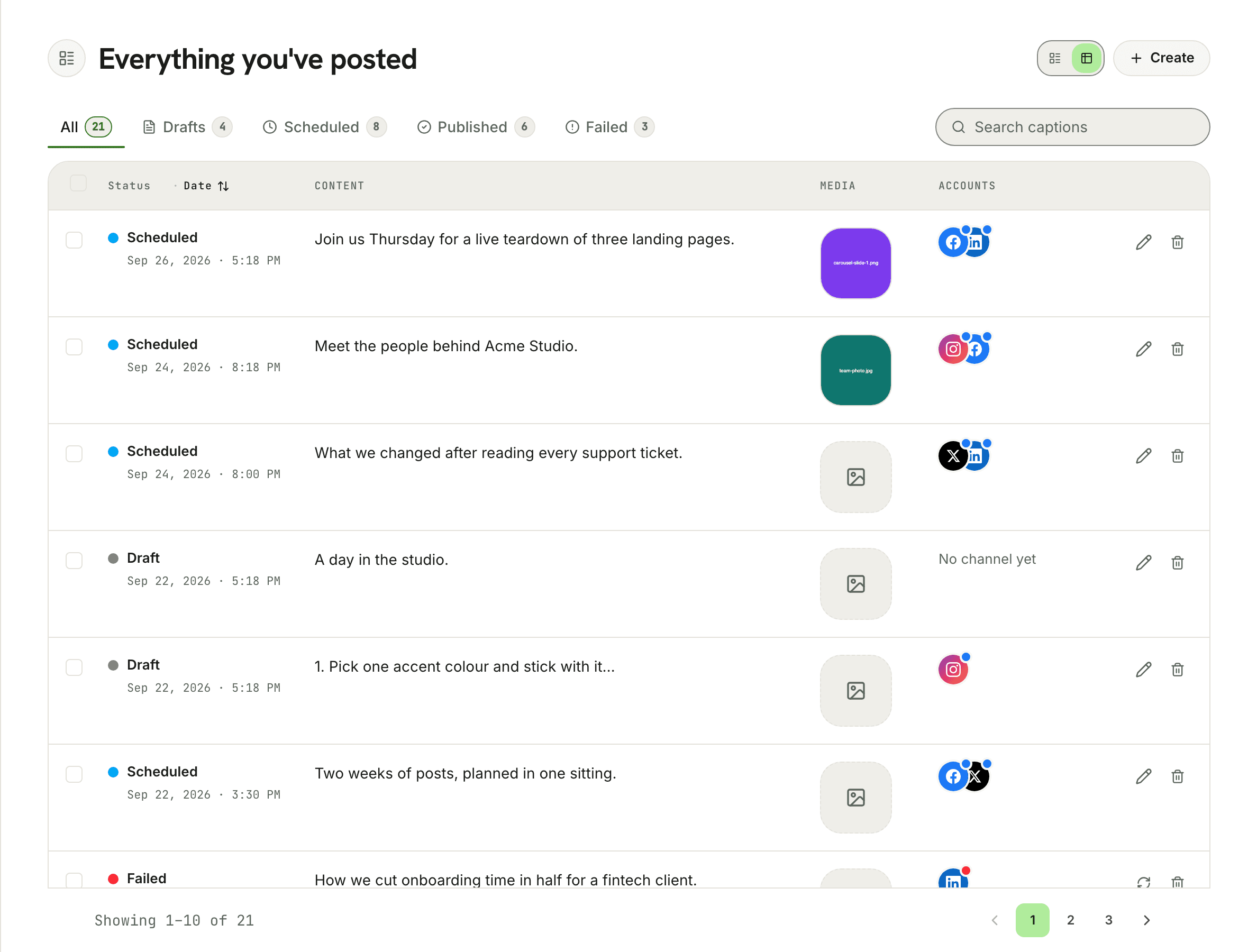 The Postpane posts list: drafts, scheduled, published, failed and partly failed posts in one table, each row showing its media and the accounts it went to.