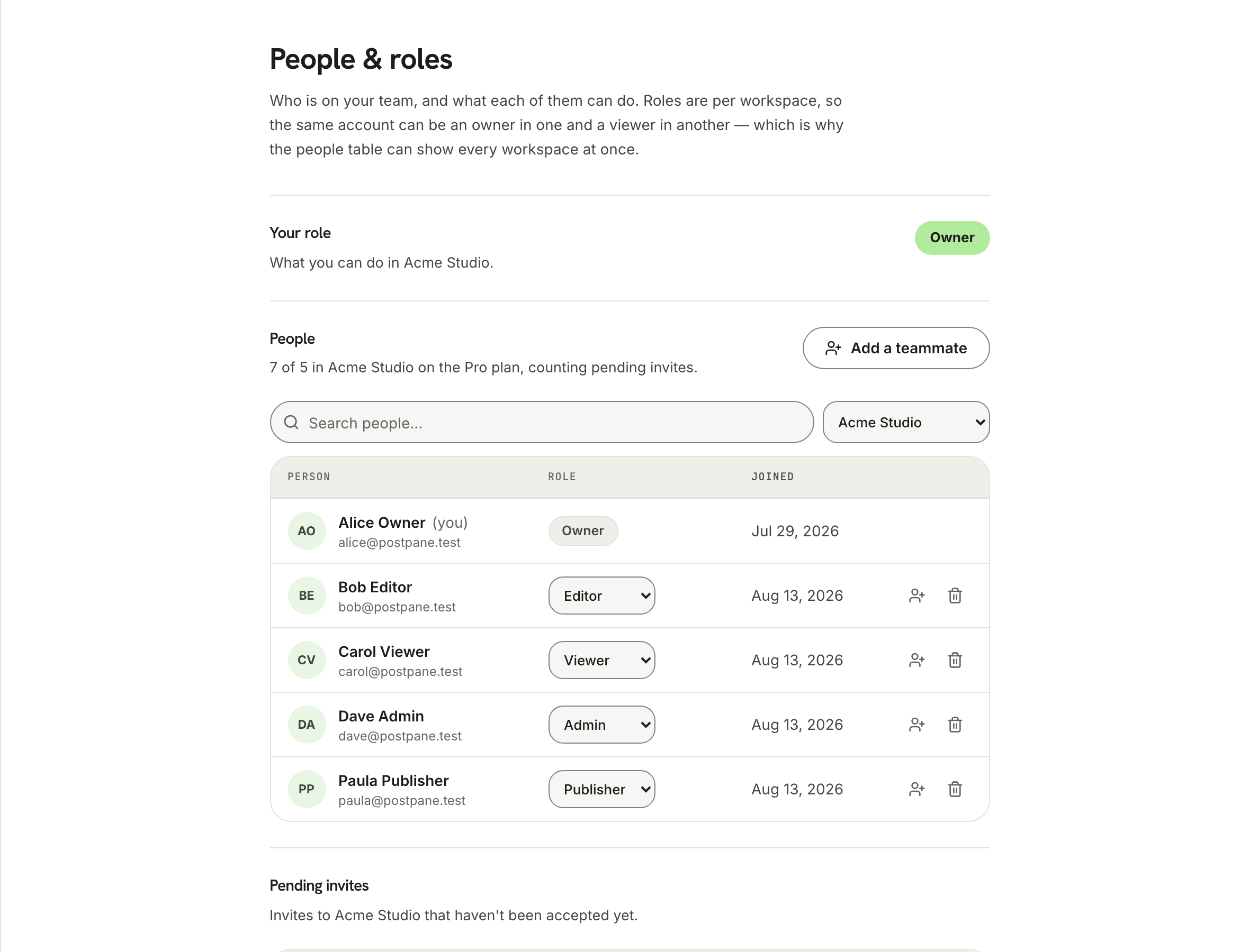 The Postpane people and roles page: five teammates in one workspace, each with an owner, admin, editor, publisher or viewer role.
